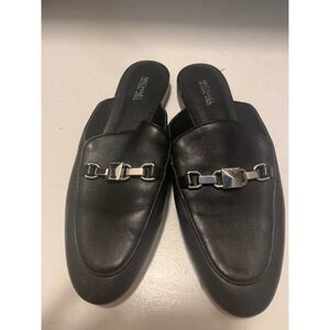 Michael Kors Black Leather Mules Slip On Loafers Women's Size 7M Silver Hardware